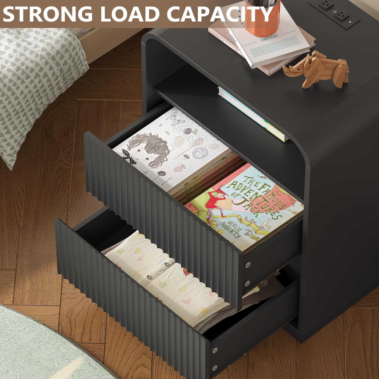 BORNOON Dresser with 2 Drawers and Charging Station, Fluted Bedside Table with Round Curved Corner, Hidden Handles, 2 AC Outlets and 2 USB Ports, Modern Wood End Table with Open Shelf for Bedroom