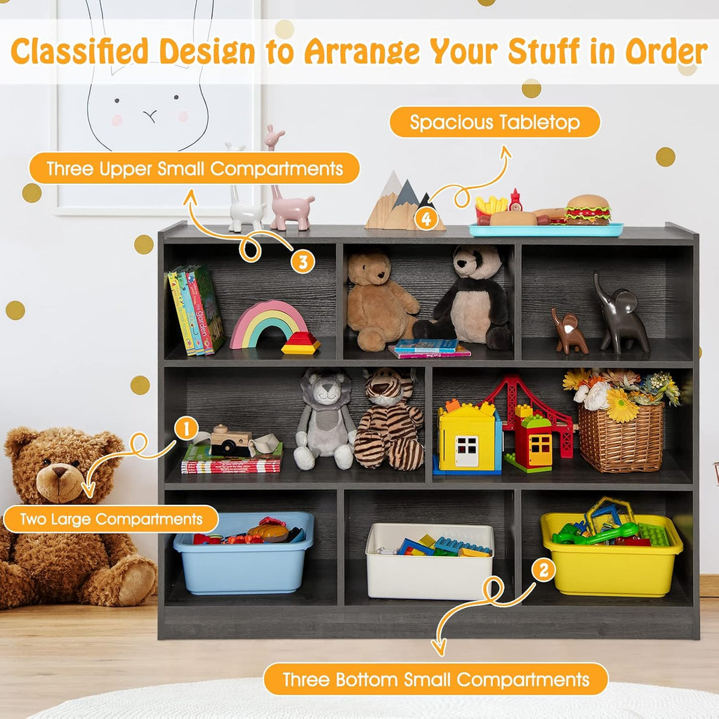 KOTEK Toy Storage Organizer, 8 Cubby Kids Bookshelf, Wooden 4-Tier Bookcase Storage Cabinet, Open Display Book Shelf for Daycare, Nursery, School, Classroom, Playroom (Grey, 8 Cubes)