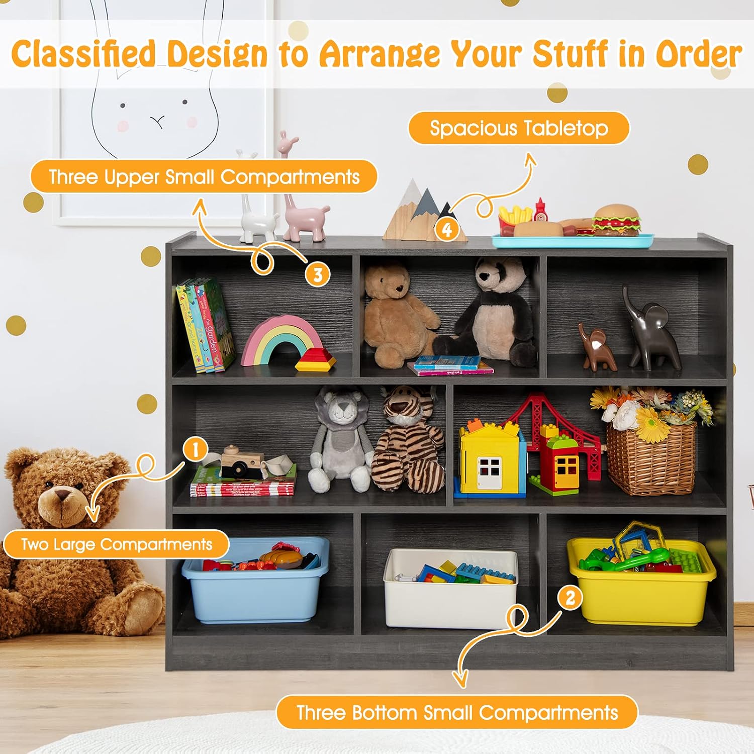 KOTEK Toy Storage Organizer, 8 Cubby Kids Bookshelf, Wooden 4-Tier Bookcase Storage Cabinet, Open Display Book Shelf for Daycare, Nursery, School, Classroom, Playroom (Grey, 8 Cubes)