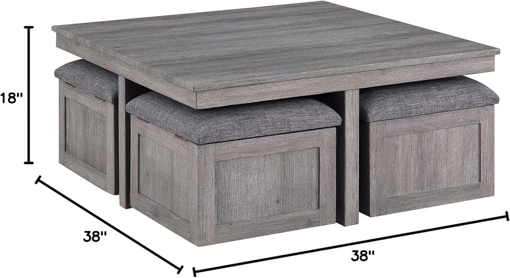 Lilola Home Moseberg 38' W Distressed Gray Square Coffee Table with Faux Concrete Top – Industrial Modern Living Room Centerpiece with Storage Stools