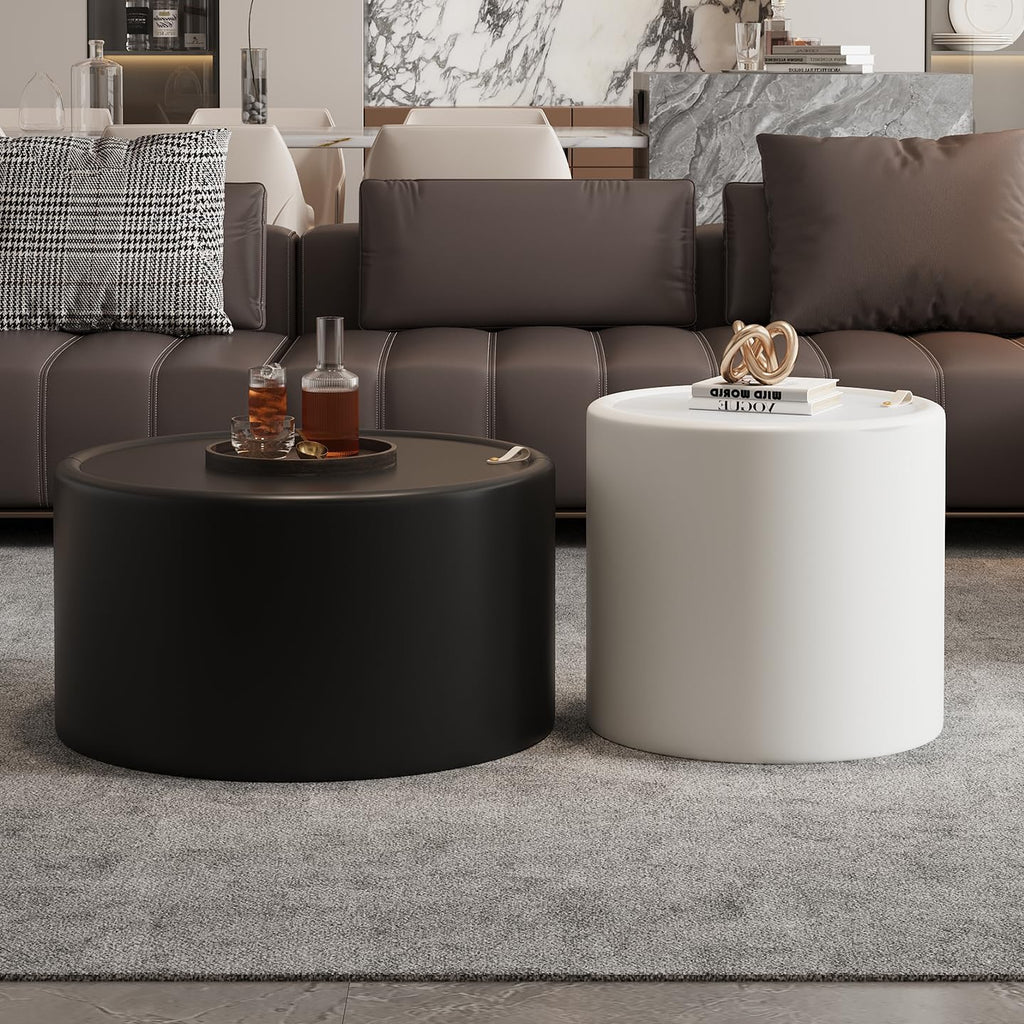 White Round Coffee Table with Hidden Storage, 19.69' Drum Coffee Table with Tempered Glass Top and PU Leather Body, Circle Cocktail Tea Table for Living Room, No Assemble