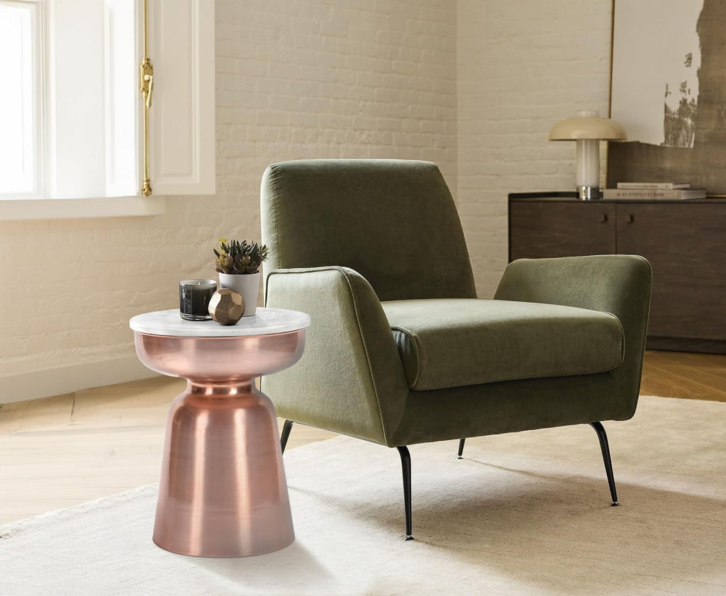 Click365 Adler Marble Accent Side Table, 16 Inch Round End Table with Hourglass Rose Gold Metal Base, Modern Nightstand or Bedside Table for Living Room or Bedroom, Ivory White & Rose Gold