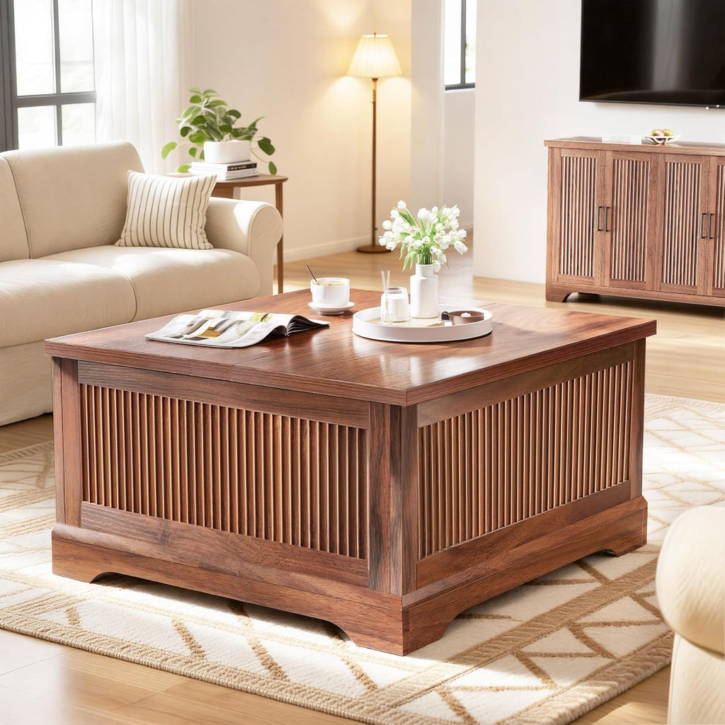 Memobarco Lift Top Coffee Table with Storage, Fluted Coffee Tables with Lifting Top, Modern Farmhouse Square Center Table for Living Room, Home Office, with Hidden Compartment, Flip-Up Lids, Walnut