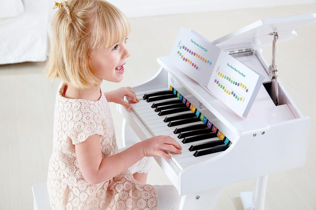 Hape Deluxe White Grand Piano | Thirty Key Piano Toy with Stool, Electronic Keyboard Musical Toy Set for Kids 3 Years+