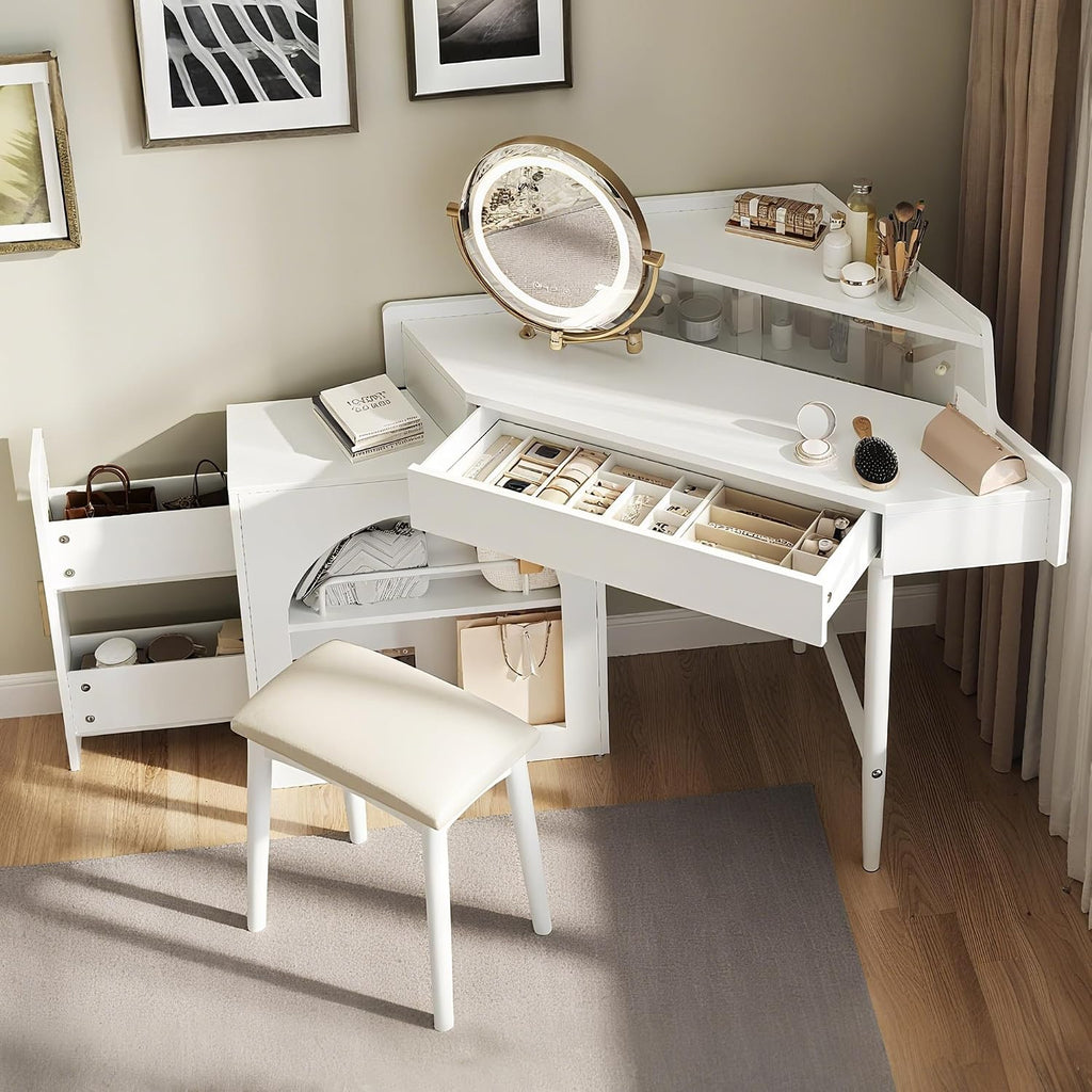 Corner Vanity Desk with Rotating Round LED Lighted Mirror, Modern Makeup Vanity with 2 Drawers & Stool for Bedroom, with Adjustable Cabinet Open Shelves Drawer for Women (White)