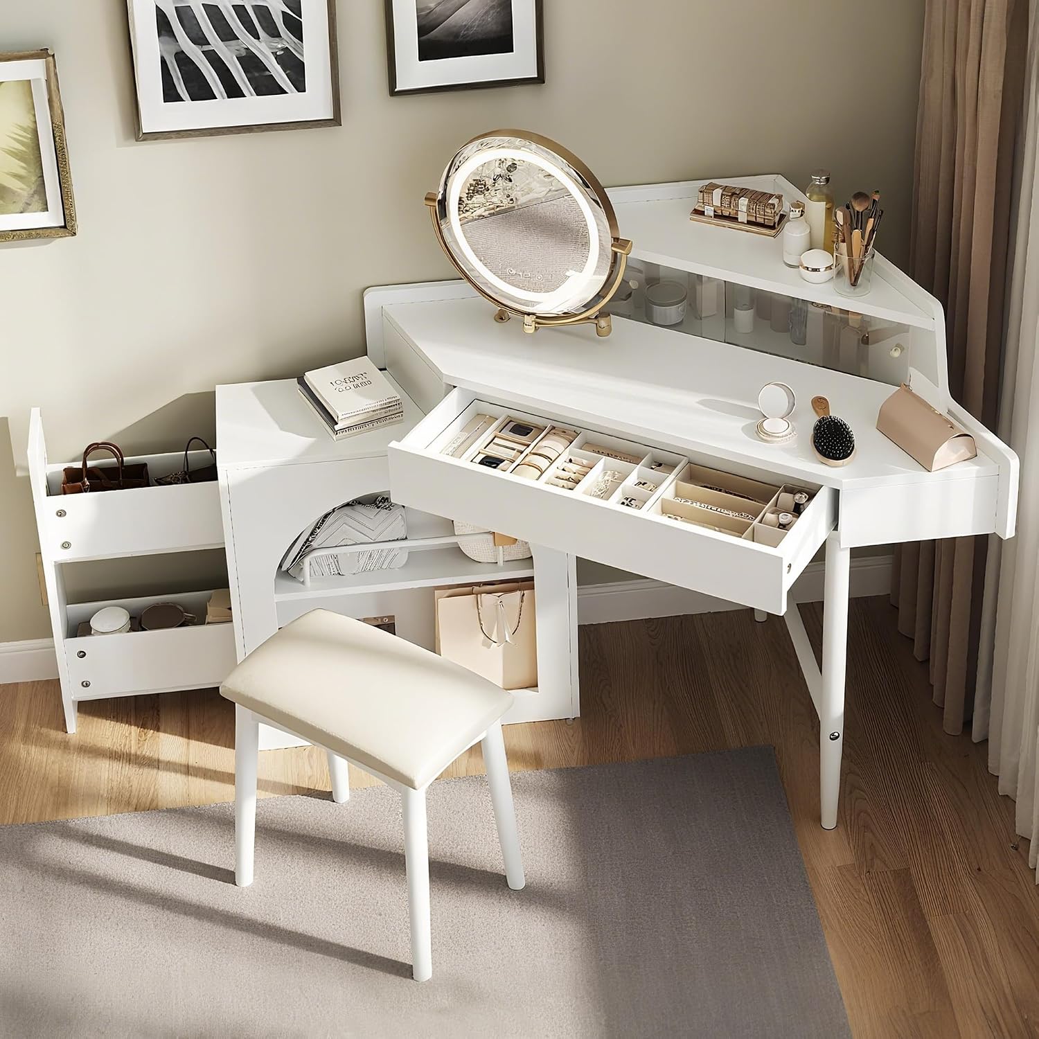 Corner Vanity Desk with Rotating Round LED Lighted Mirror, Modern Makeup Vanity with 2 Drawers & Stool for Bedroom, with Adjustable Cabinet Open Shelves Drawer for Women (White)