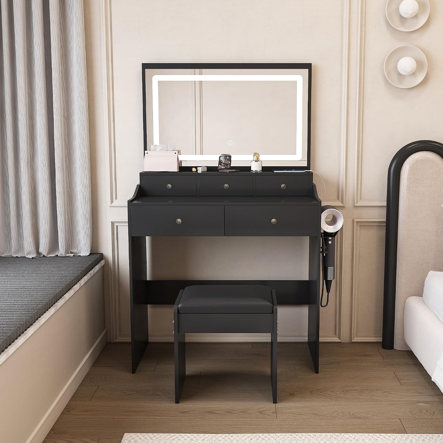 Vanity Desk with LED Light Mirror, Storage Makeup Vanity Table with Stool, 5 Drawers, Hairdryer Holder, Power Outlet, 3 Adjustable Lighting Colors, Dressing Table and Chair for Bedroom, Black