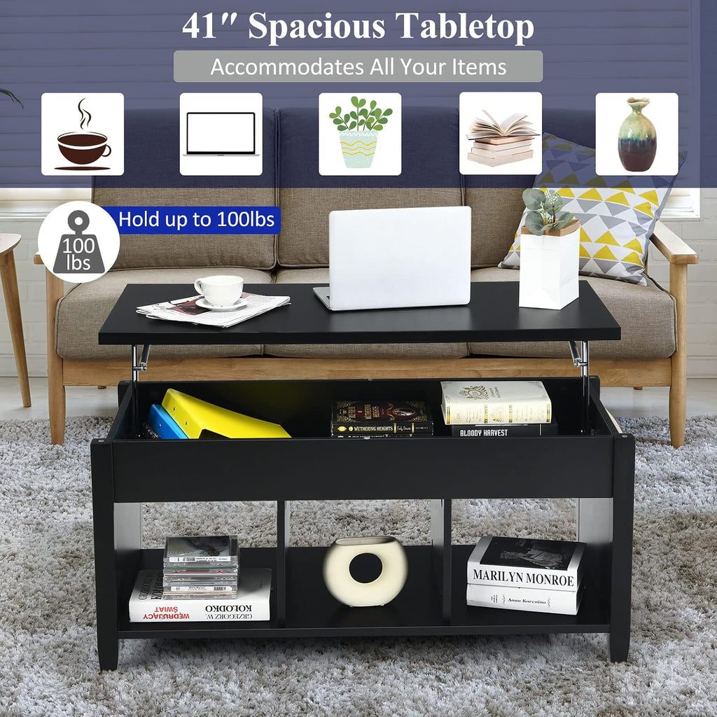 Tangkula Wood Lift Top Coffee Table, Modern Coffee Table w/Hidden Compartment and Open Storage Shelf for Living Room Office Reception Room (Black)