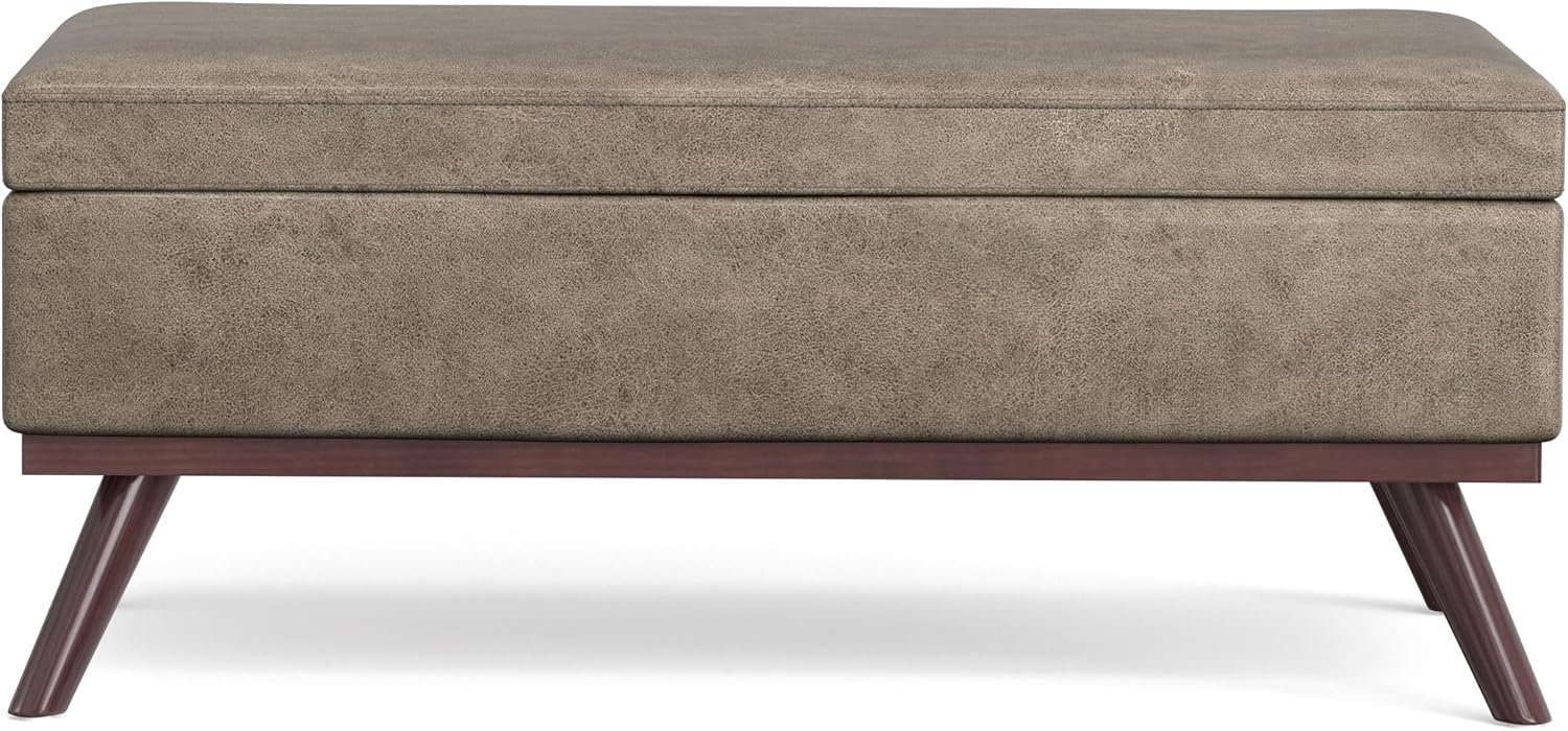 SIMPLIHOME Owen Lift Top Coffee Table Storage Ottoman - 42 inch Wide Upholstered Vegan Leather Rectangular Lift-Top Ottoman in Distressed Smoky Grey Brown, Mid-Century Modern Ottoman for Living Room
