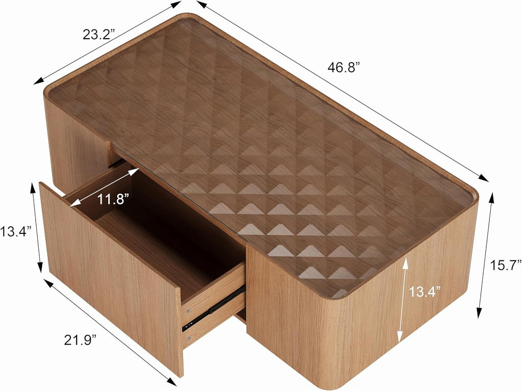 SSLine 47' Modern Wooden Coffee Table with Storage Drawer, Rectangle Center Table with Tempered Glass Top & Diamond Texture for Living Room Home Office,Walnut
