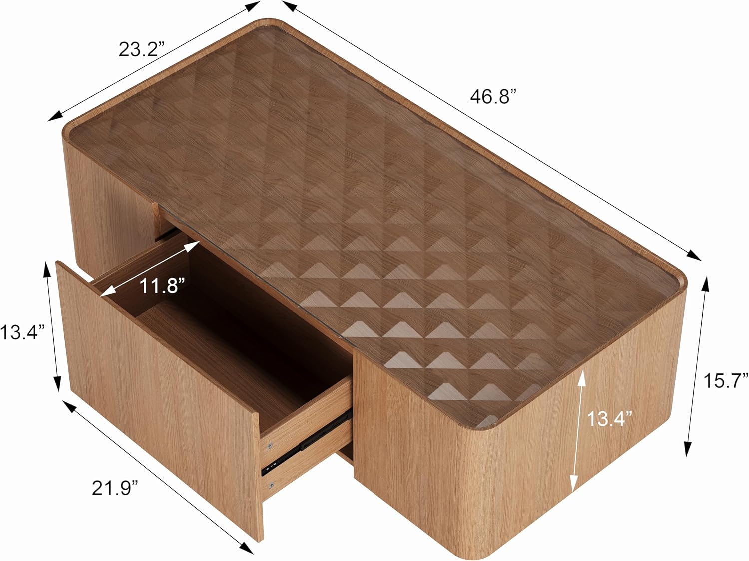 SSLine 47' Modern Wooden Coffee Table with Storage Drawer, Rectangle Center Table with Tempered Glass Top & Diamond Texture for Living Room Home Office,Walnut