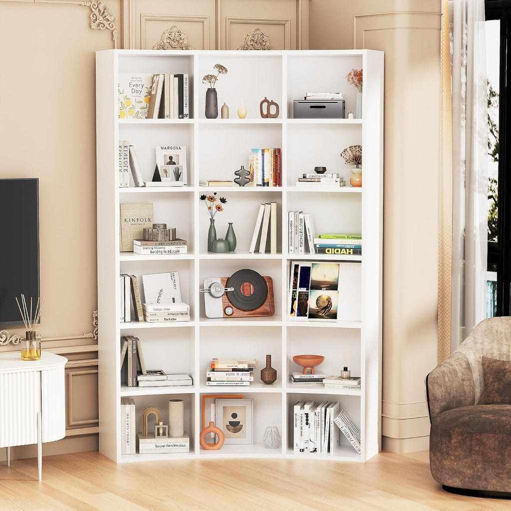 71' Triple Wide Bookshelf, 6 Tier Tall Bookshelf, Large Book Shelf with Curved Baffle, 41.5' Wide Bookcase with 18 Open Floor Standing Display Shelves for Living Room, White
