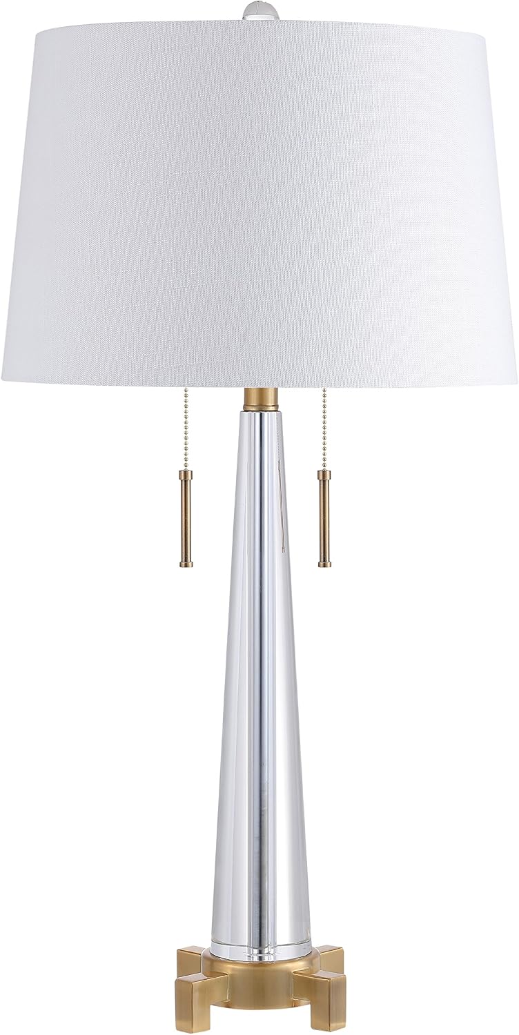 JONATHAN Y 29.5' Clear/Brass Gold 2-Light Crystal LED Table Lamp, Contemporary Glam Bedside Lamp for Living Room, White Linen Drum Shade, Pull Chain, LED Bulbs Included JYL2018A