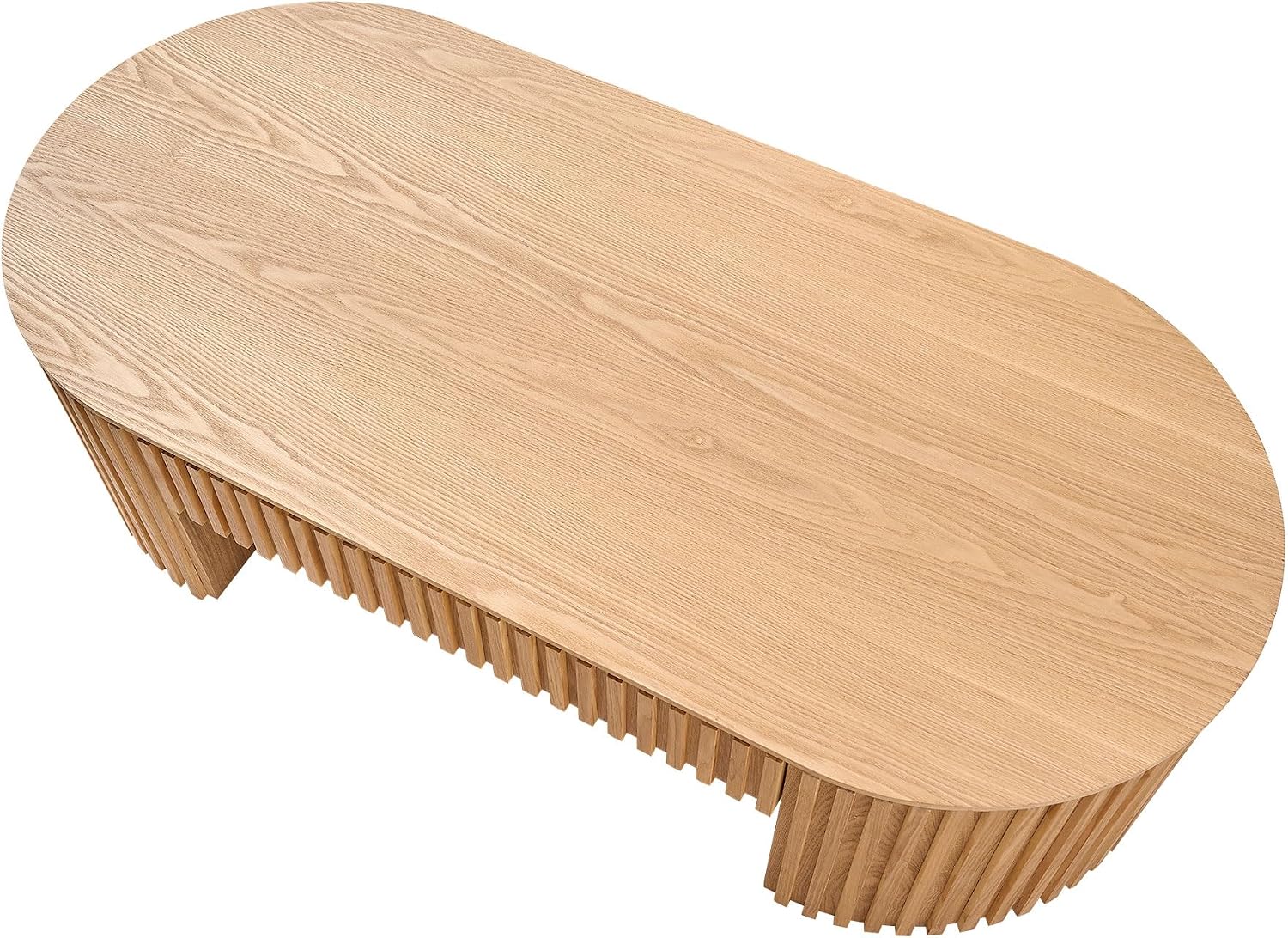 Oak Oval Coffee Table with Storage for Living Room 51.18' Wooden Fluted Coffee Table with Drawer Modern Handcrafted Centre Table Easy Assembly