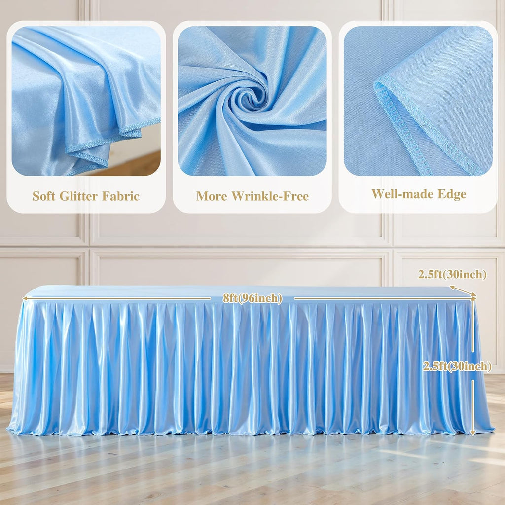 4 Pack 8FT Blue Satin Tablecloths for Rectangle Tables - Shiny Spandex Party Table Cover with Pleated Table Skirt, No-Wrinkle & Glossy Wedding Tablecloth One-Piece for Birthday Baby Shower Banquet