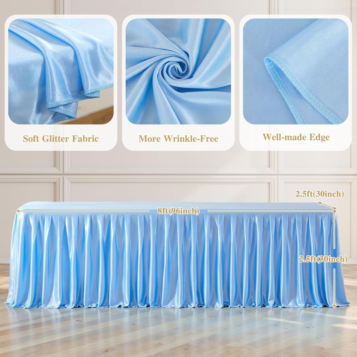 4 Pack 8FT Blue Satin Tablecloths for Rectangle Tables - Shiny Spandex Party Table Cover with Pleated Table Skirt, No-Wrinkle & Glossy Wedding Tablecloth One-Piece for Birthday Baby Shower Banquet