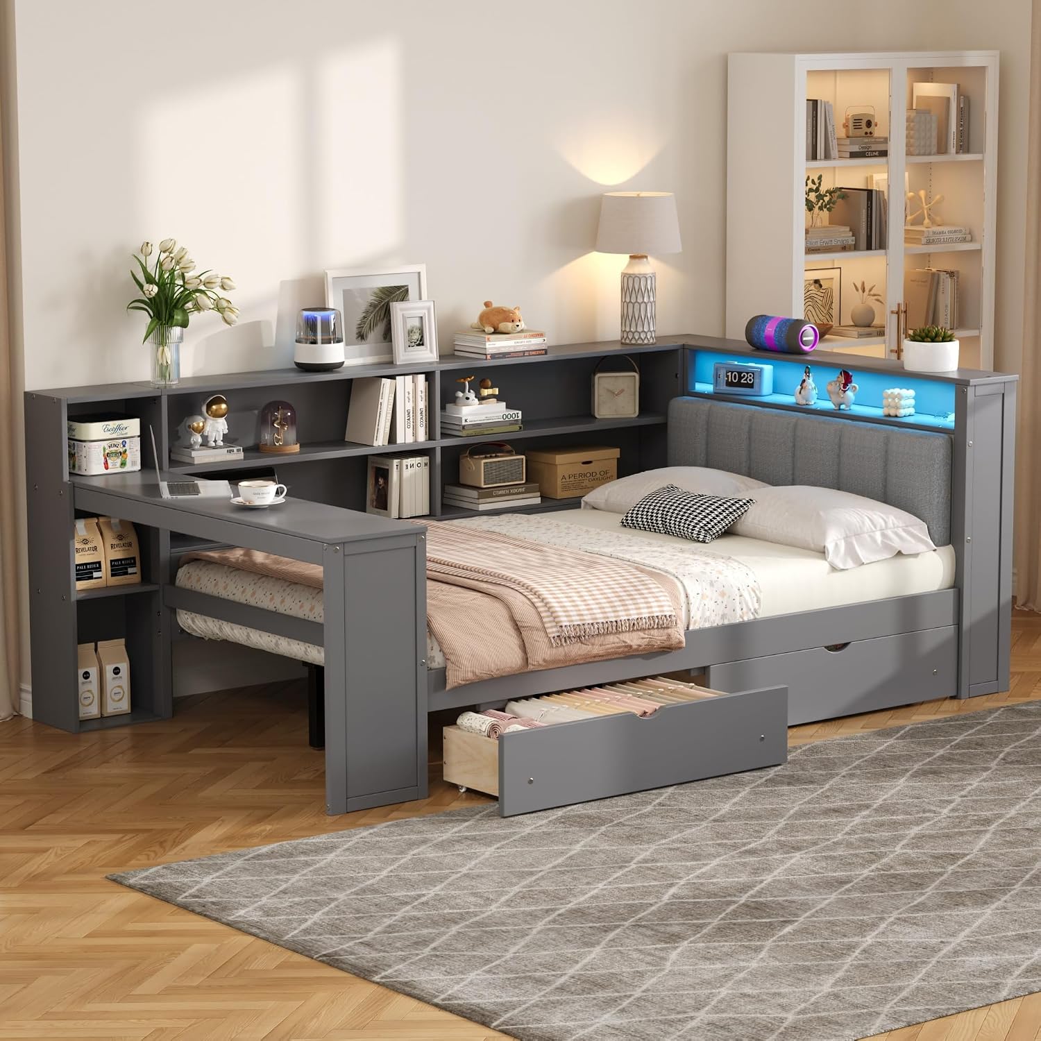 Wood Full Size Daybed with Storage Shelves and Desk, L-Shaped Corner Platform Bed Frame with Upholstered Headboard and 2 Drawers for Office Living Room Bedroom, Space-saving (Grey-7.16, Full)
