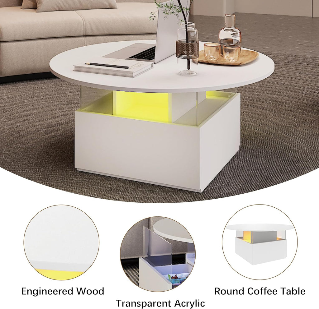 HedoAjim 31.5' Round Coffee Table for Living Room, LED Modern Living Room Table with Storage, Square Acrylic Coffee Tables with 2 Sliding Drawers, Wood Center Table for Reception Dinning Room, White