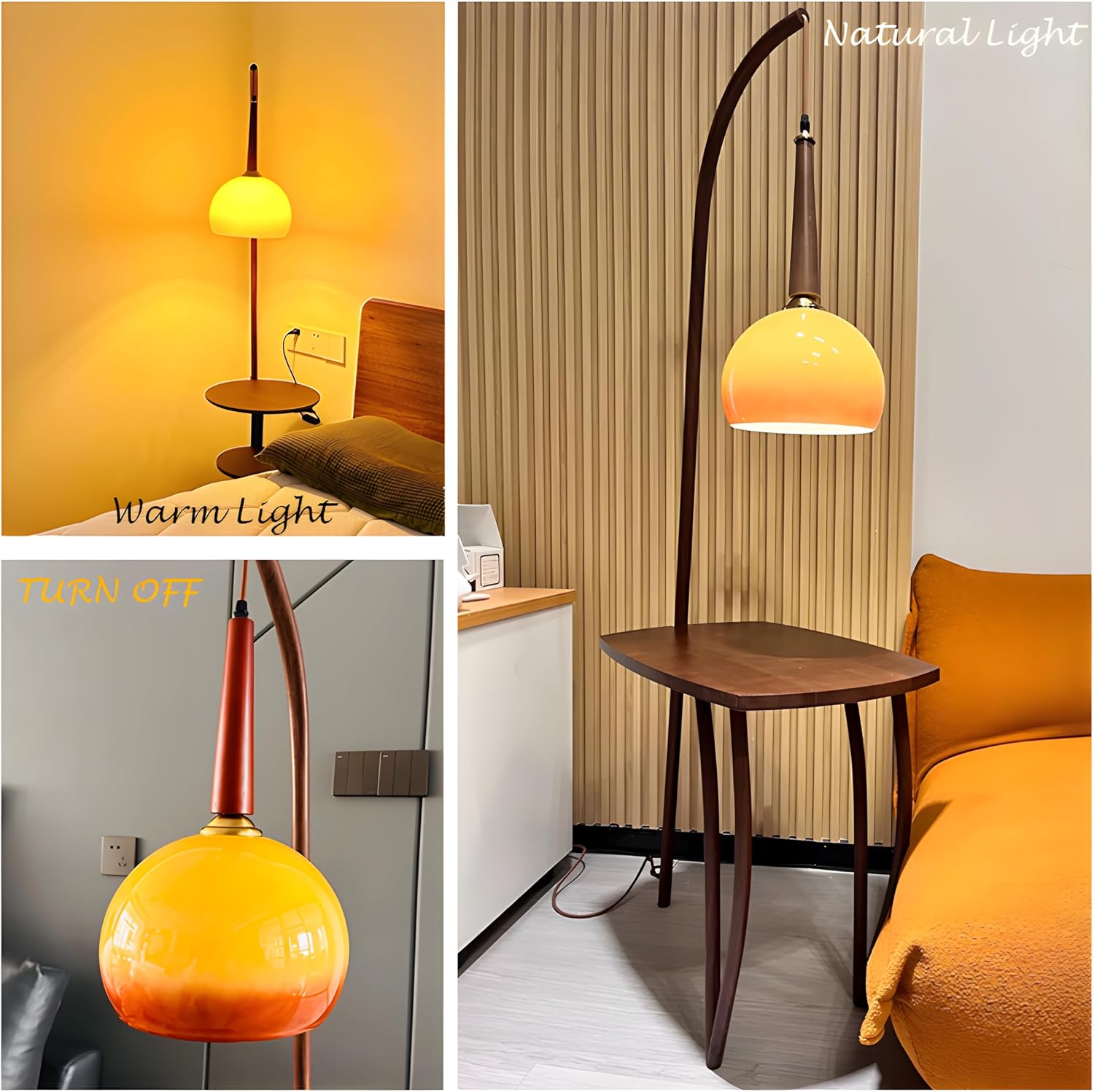 Bofea-Retro Floor Lamp for Living Room,Mid Century Tall Lamps with Tea Table,Fishing Standing Lamp with Mushroom Glass Lampshade,Table Tall Pole Talling Light for Bedroom,Office,Apartment.(A Model)