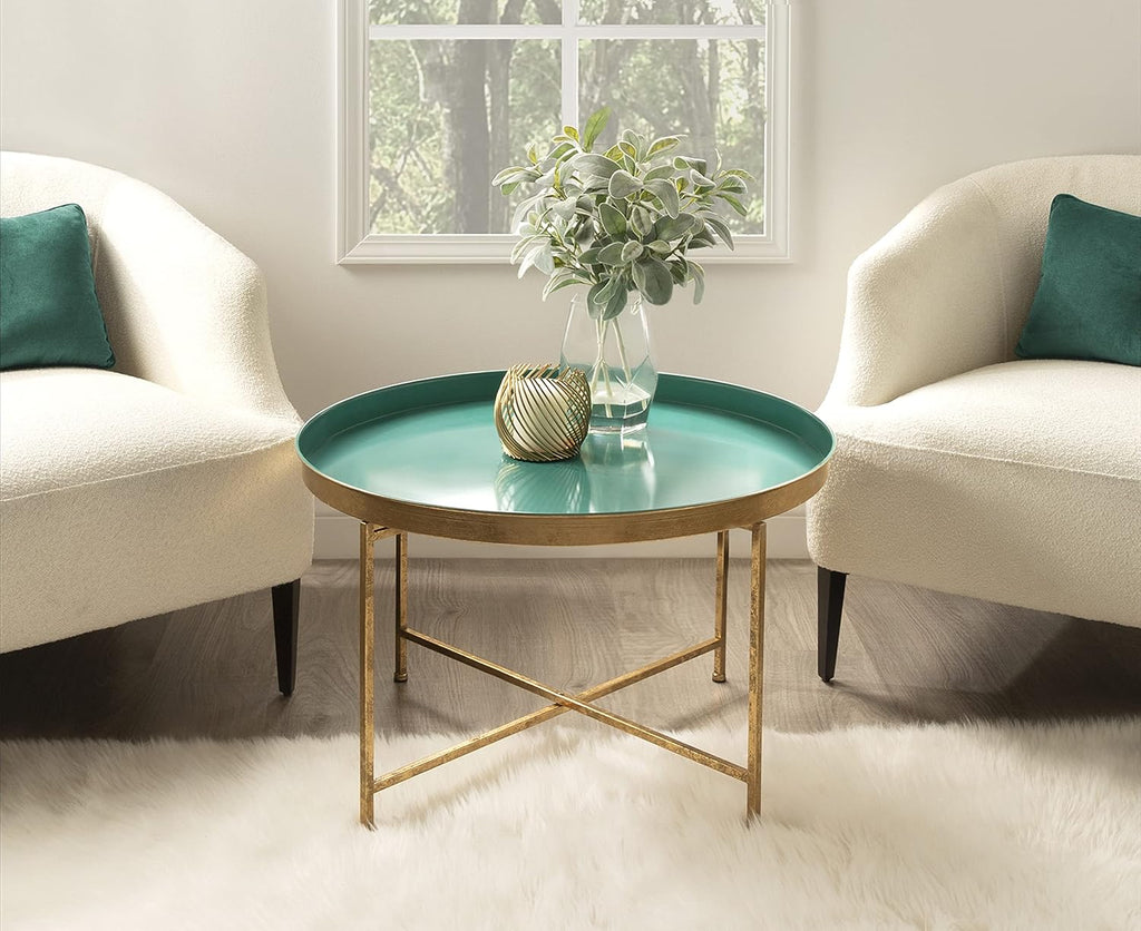 Kate and Laurel Celia Modern Coffee Table; 28 x 28 x 19; Teal and Gold; Glamorous Folding Metal Table For Storage and Display