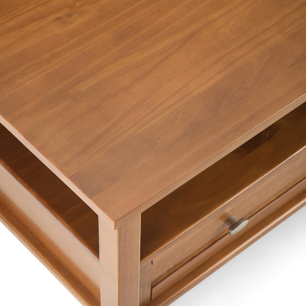 SIMPLIHOME Warm Shaker Square Coffee Table - 36 inch Wide Solid Wood Cocktail Table in Light Golden Brown, Transitional Living Room Table with Large Storage Drawer and Open Shelf for Sitting Area