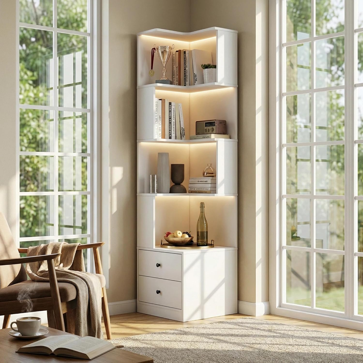 4 Tier Corner Bookshelf with Drawers, L Shaped Freestanding Corner Bookcase with LED Lights and Baffle, Space Saving Display Shelf for Living Room, Bedroom, Home Office, Kitchen(White)