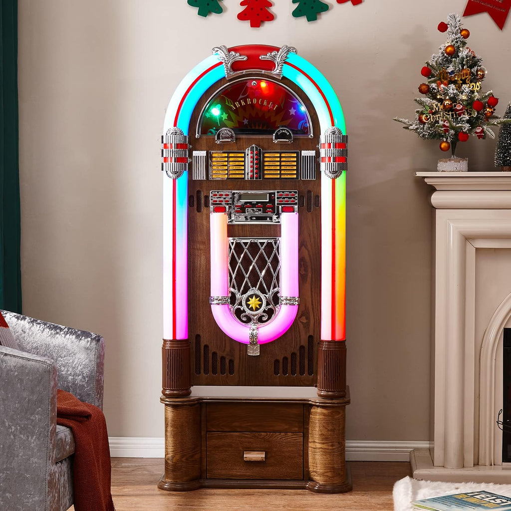 Arkrocket Saturn V Full Size Jukebox Vinyl Record Player Bluetooth USB SD CD Player Radio Retro Classic Jukebox (Saturn V + Stand - Oak)
