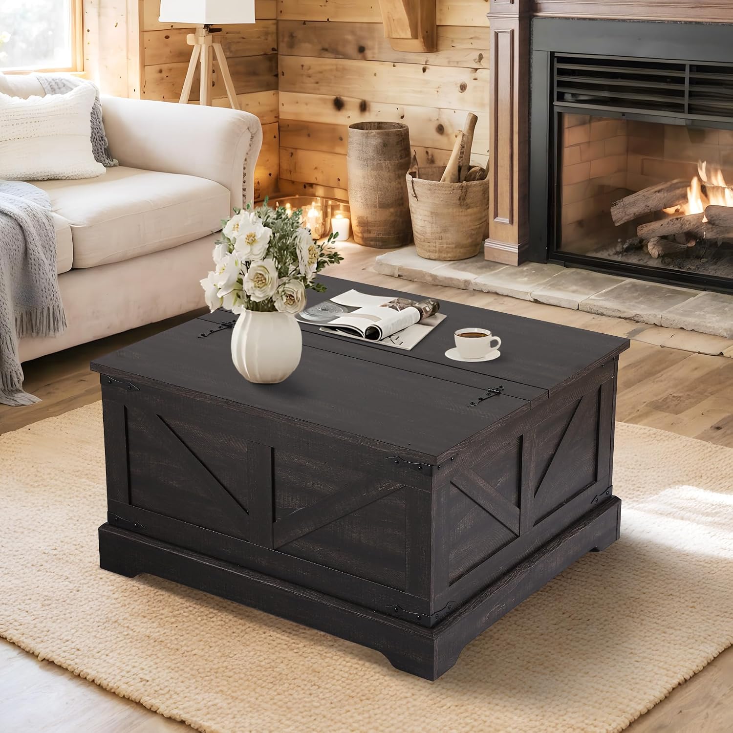 LOUVIXA Vintage Storage Coffee Table, Lift Top Coffee Table, Square Center Table, Living Room Tables, Wood Tea Table (Retro Brown)