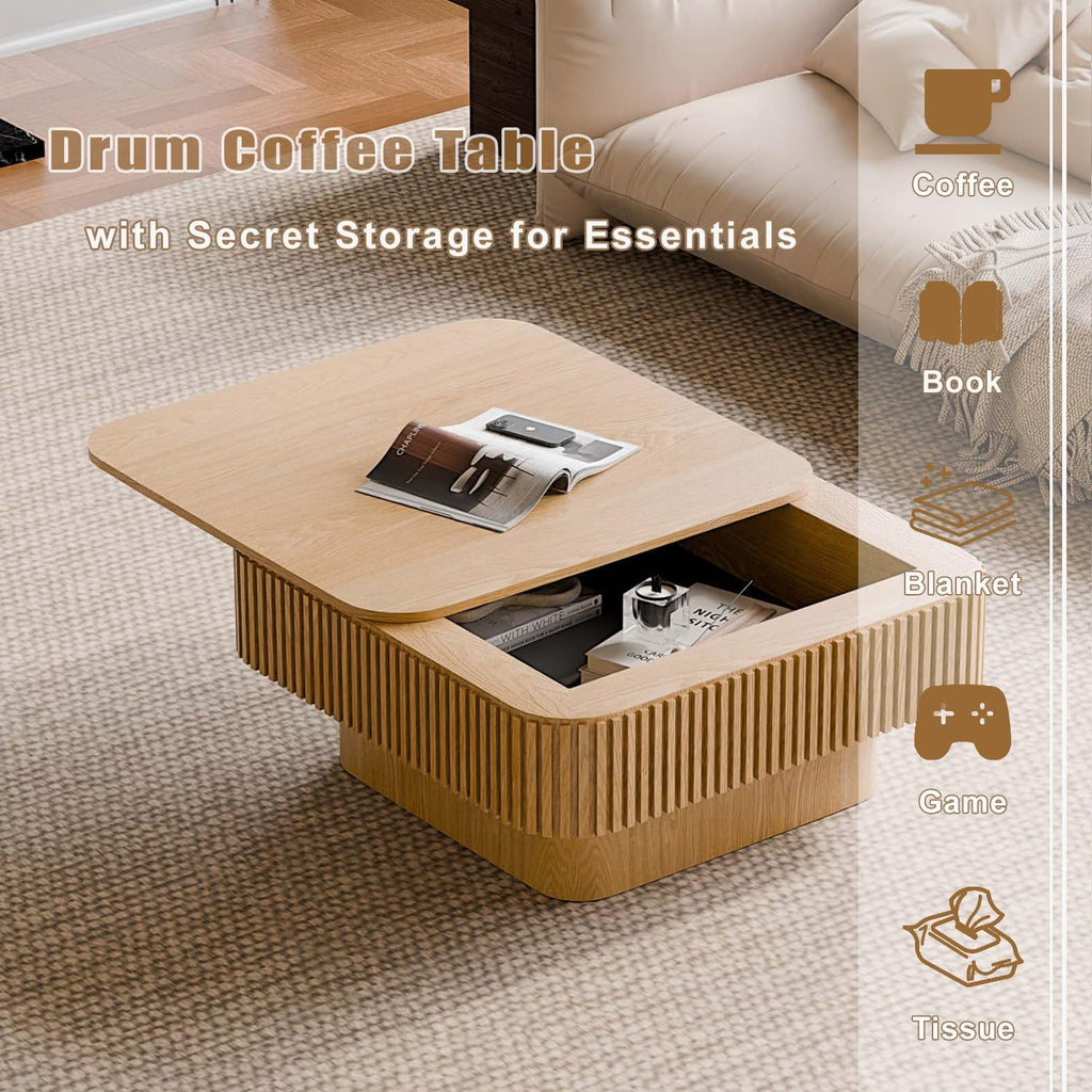 Square Small Coffee Table with Storage, Modern Wooden Coffee Table with Solid Wood Veneered, Fluted Center Table Drum Tea Table for Living Room Apartment, 31.5''L×31.5''W×14''H