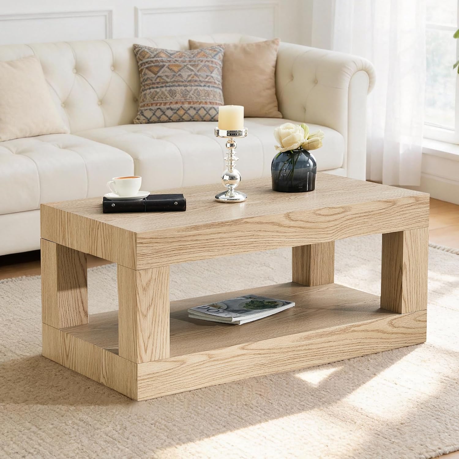 LKTART 39.37' Coffee Table with Storage, 2-Tier Mid Century Rectangular Accent Table with Thick Tabletop, Rustic Style Cocktail, Center Table for Living Room, Office, Apartment (Natural)