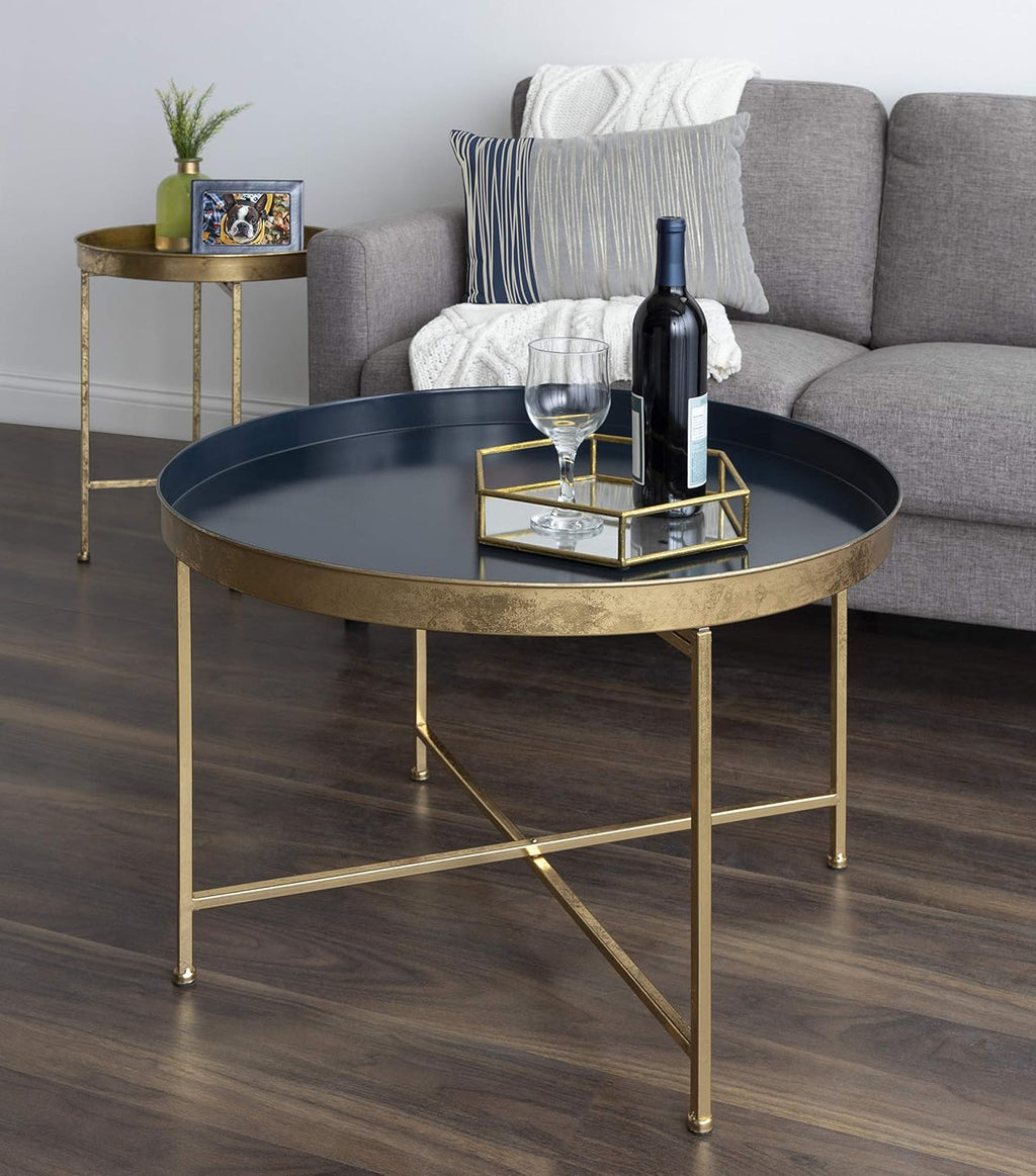 Kate and Laurel Celia Modern Glam Round Coffee Table, 28.25' x 28.25' x 19', Navy Blue and Gold Leaf, Chic Sophisticated Accent Table