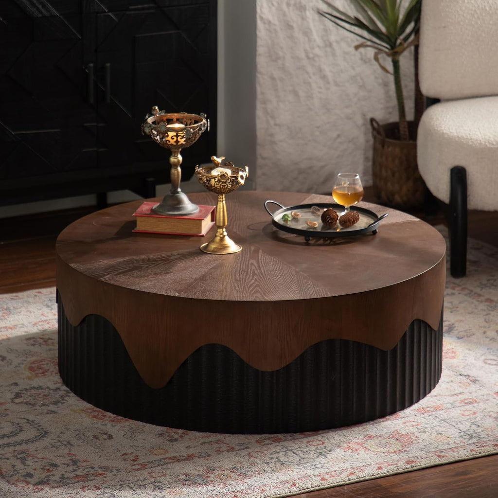 GDFStudio 39' Round Coffee Table with Walnut Table Tops, Bark Texture Veneer Circle Coffee Tables with Handcrafted Relief Base, Modern Living Room Side Tea Tables, No Assembly, Black+Walnut