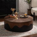 GDFStudio 39' Round Coffee Table with Walnut Table Tops, Bark Texture Veneer Circle Coffee Tables with Handcrafted Relief Base, Modern Living Room Side Tea Tables, No Assembly, Black+Walnut