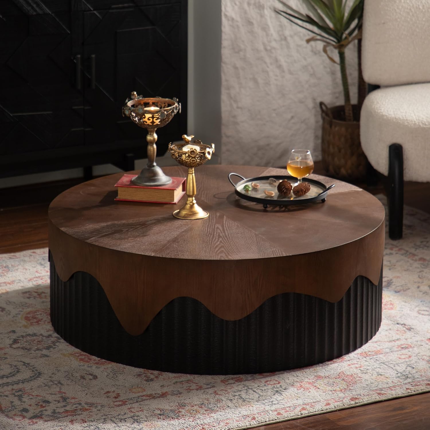 GDFStudio 39' Round Coffee Table with Walnut Table Tops, Bark Texture Veneer Circle Coffee Tables with Handcrafted Relief Base, Modern Living Room Side Tea Tables, No Assembly, Black+Walnut
