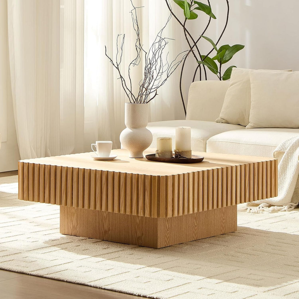 35.43''Square Coffee Table for Living Room Wood Fluted Coffee Table Modern Center Tables with Solid Wooden Pedestal for Apartment (Natural Wood)