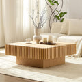 35.43''Square Coffee Table for Living Room Wood Fluted Coffee Table Modern Center Tables with Solid Wooden Pedestal for Apartment (Natural Wood)