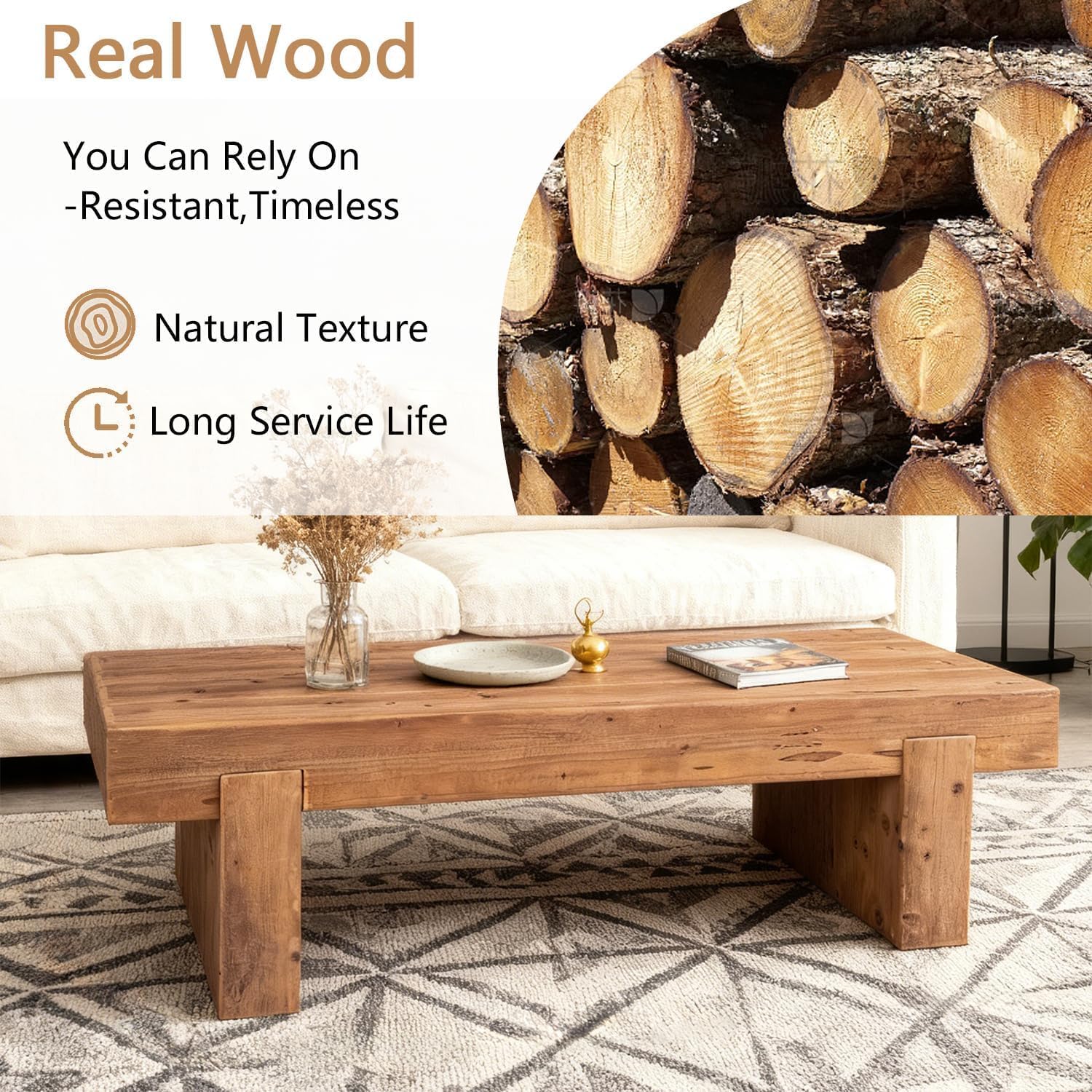 SSLine Solid Wood Coffee Table 47.6-Inch Rectangular Coffee Table for Living Room,Farmhouse Rustic Center Tables with Thicken Top and Sturdy Legs,Walnut