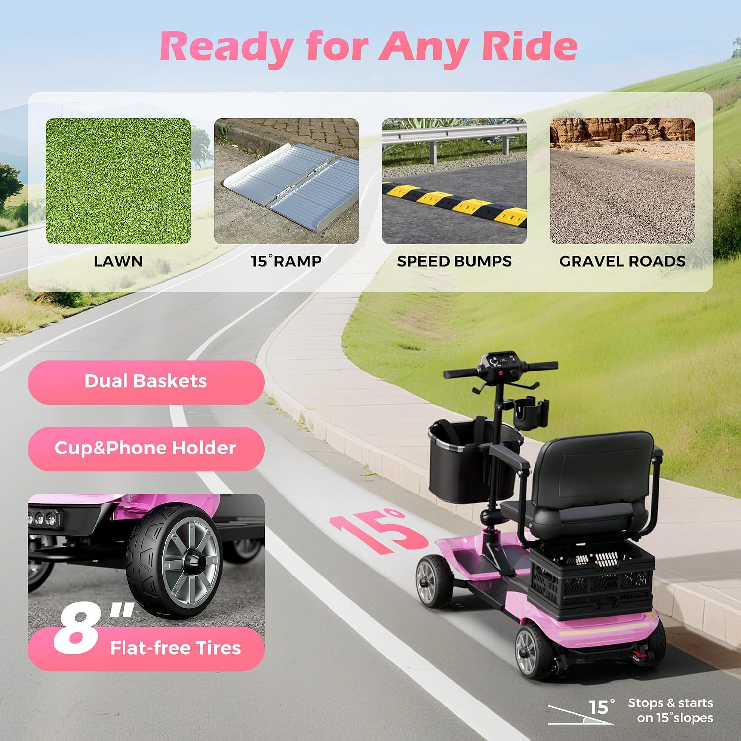 Mobility Scooter for Adults & Seniors with Removable Battery, Cruise & Airport Approved, Foldable Motorized Scooters with Dual Basket, Phone & Cup Holder, Pink