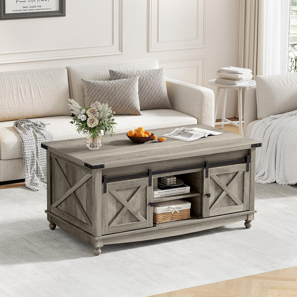 ALLSTAND 48' Farmhouse Lift Top Coffee Table with Storage Sliding Barn Door & Large Hidden Compartment, Coffee Table with Lifting Top with Wooden Lift Tabletop, Coffee Tables for Living Room, Grey