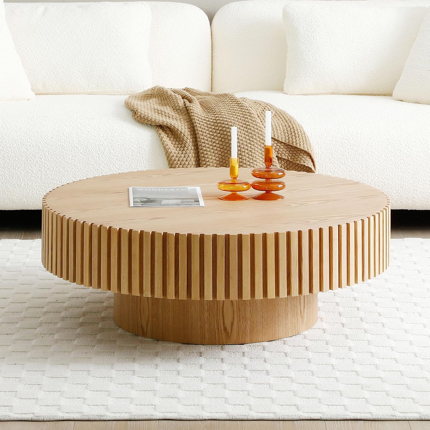 JUSTONE 31.5' Rustic Round Coffee Table - Oak Wood Drum Accent Table for Living Room, Handcrafted Relief Carving,ø31.5'x13.8'H (Natural Oak Finish)