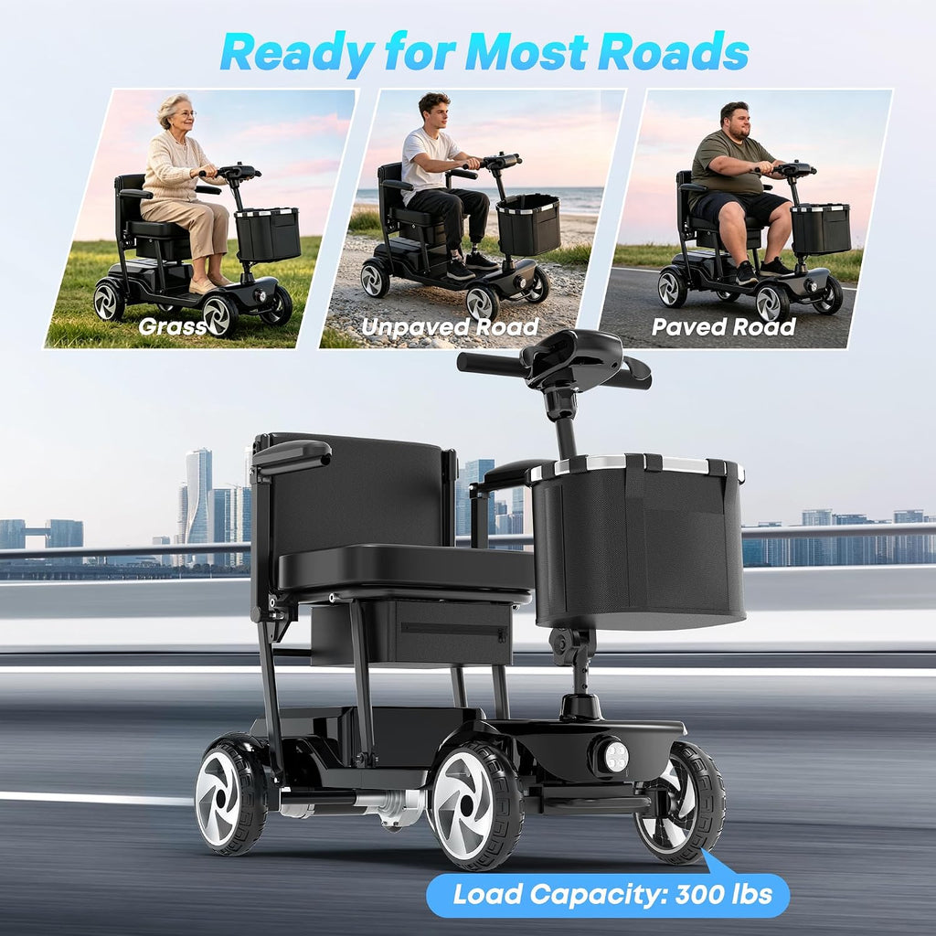 Mobility Scooters, Lightweight Electric Scooters for Seniors&Adults | 49lb Aluminum Frame with Removable Battery, Foldable Motorized Scooters for Trips, Shopping, Daily Use, Lacquer Black, 10 Ah