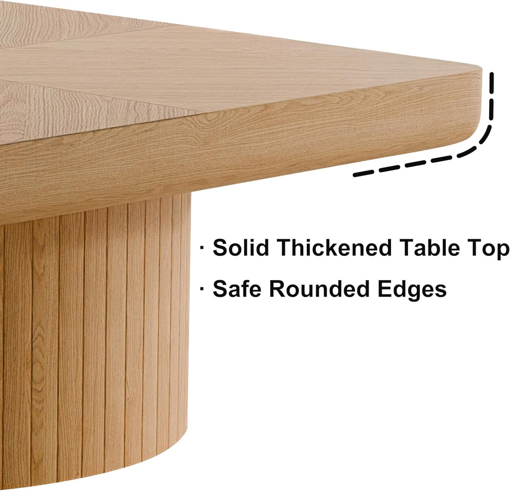 KEIKI 34.6' Square Coffee Table, Wood Table with Thick Parquet Veneer Top, Cylindrical Base Modern Coffee Table for Living Room, Office or Side Table, Natural Wood