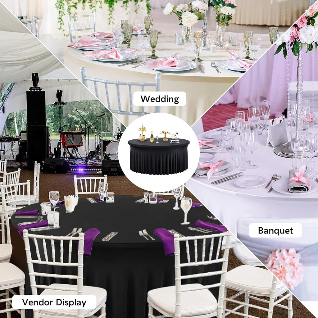 leegleri 8 Pack Spandex Black Round Tablecloths for 72in Table, Stretchy 132inch Fitted 6FT Round Table Cloths, Wrinkle Free Table Cover with Skirt for Wedding Birthday Party Bridal Shower Banquet