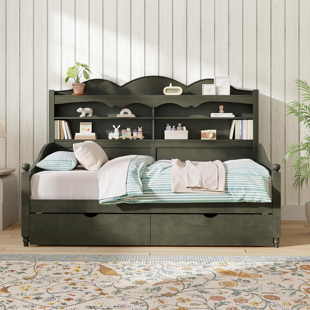 Harper & Bright Designs Corner Bed Frame Twin with Bookcase Headboard and Storage Drawers,Wood Day Bed Frame for Kids Teens,Antique Grey