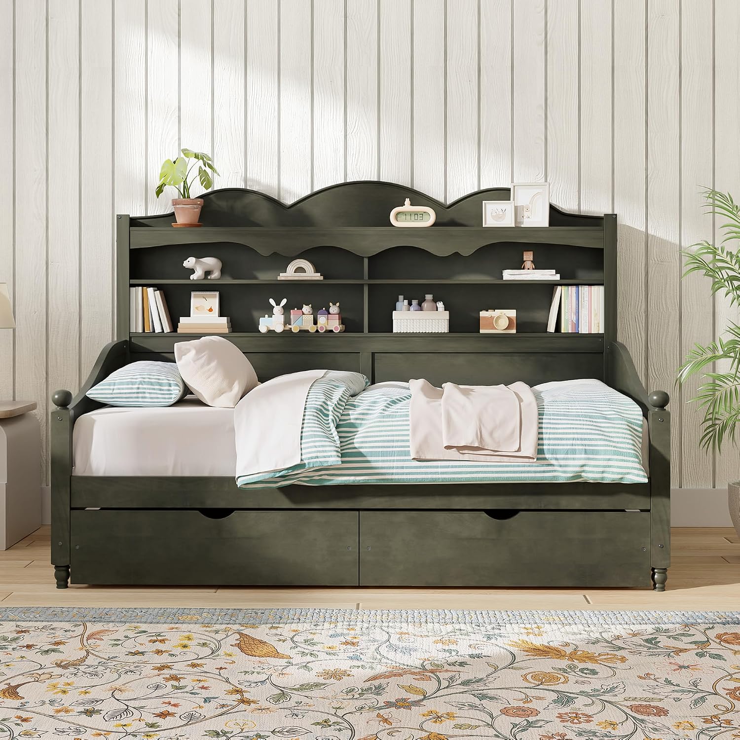Harper & Bright Designs Corner Bed Frame Twin with Bookcase Headboard and Storage Drawers,Wood Day Bed Frame for Kids Teens,Antique Grey