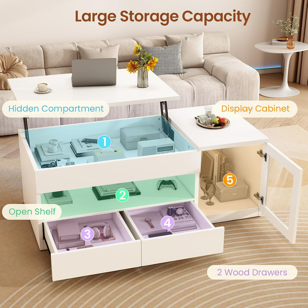 Itaar 39.4' Lift Top Coffee Table with 2 Drawers, Modern LED Coffee Tables for Living Room, Coffee Table with Glass Storage Cabinet, White