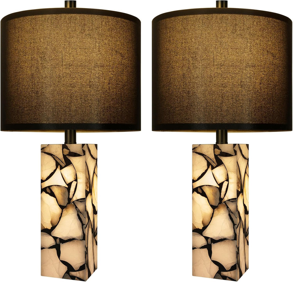 Scenekoy 23' Alabaster Table Lamps Set of 2 with Night Light for Living Room, Rotary Switch, Black Modern Table Lamp with Black Linen Shade, Nightstand Lamp for Bedroom Bedside Office (Bulb Included)
