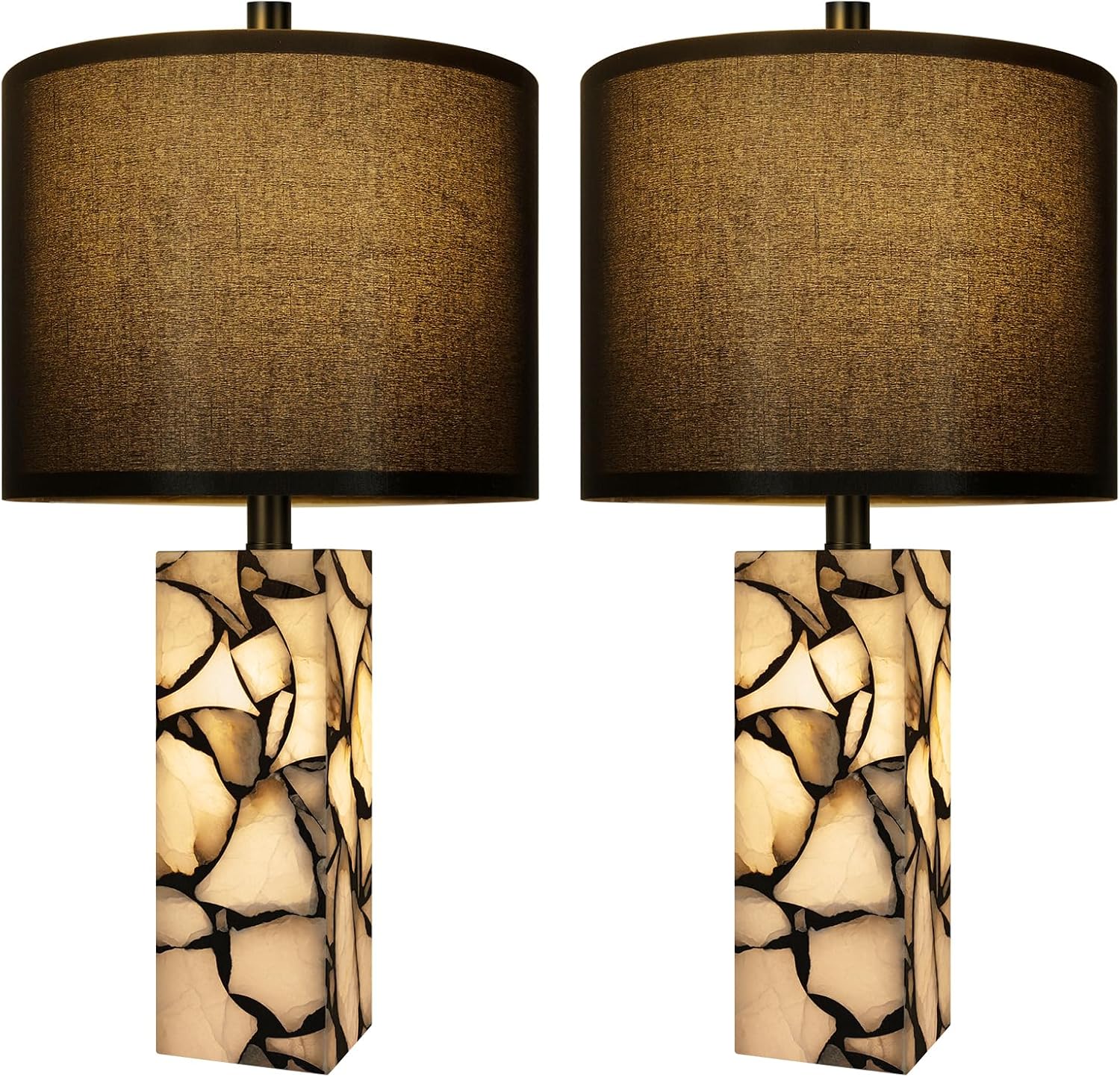 Scenekoy 23' Alabaster Table Lamps Set of 2 with Night Light for Living Room, Rotary Switch, Black Modern Table Lamp with Black Linen Shade, Nightstand Lamp for Bedroom Bedside Office (Bulb Included)