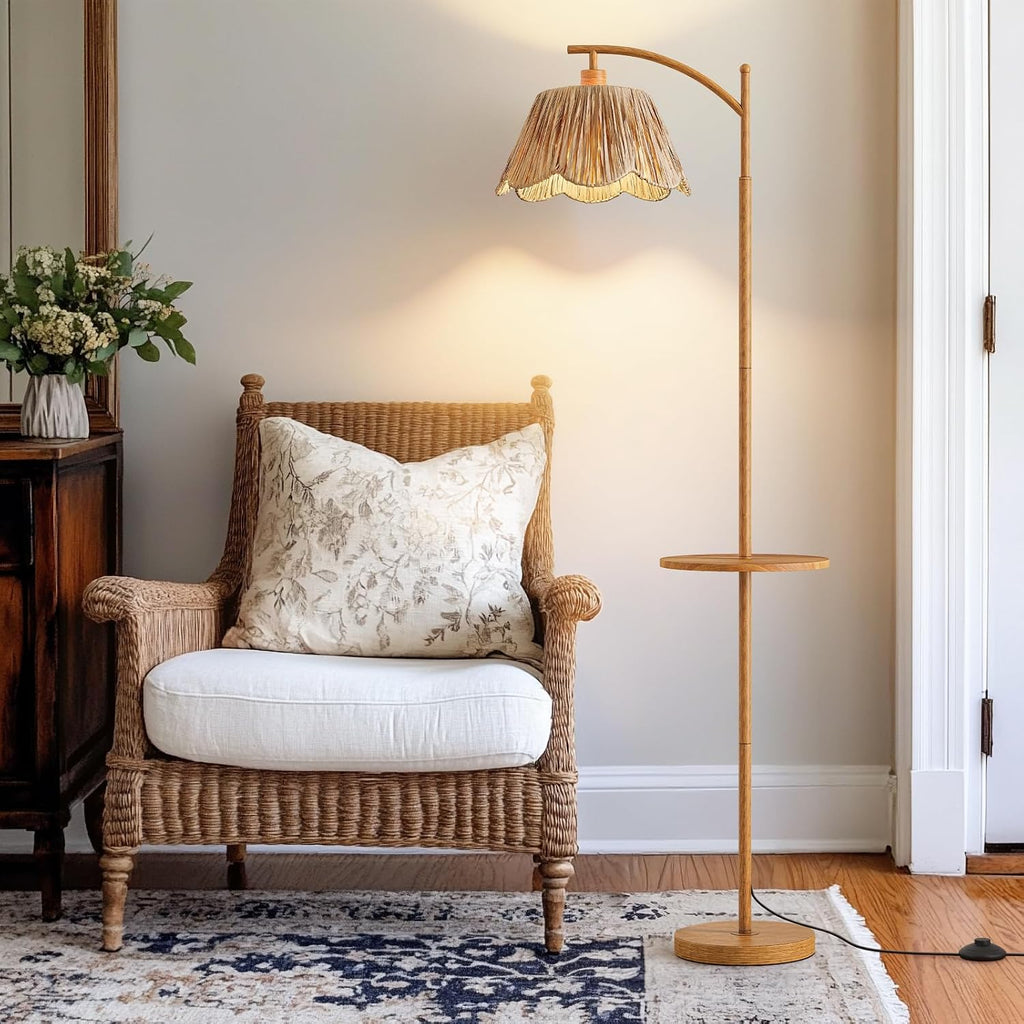 Oneach 63.5' Floor Lamp with Table for Living Room, Boho Rattan Standing Lamps with Foot Switch, Farmhouse Floor Lamp for Bedroom, Arc Tall Lamp with Metal Base&Pole, Bulb not Included, Woodgrain