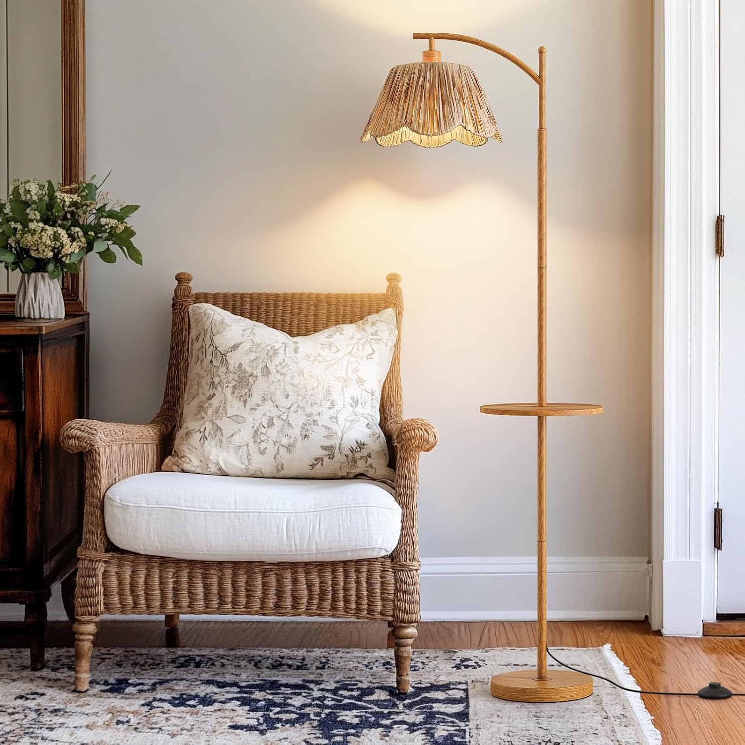 Oneach 63.5' Floor Lamp with Table for Living Room, Boho Rattan Standing Lamps with Foot Switch, Farmhouse Floor Lamp for Bedroom, Arc Tall Lamp with Metal Base&Pole, Bulb not Included, Woodgrain